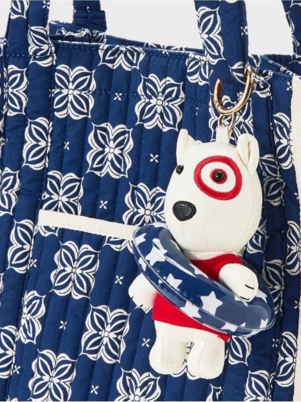 Target White Plush Dog Keychain with Blue Star Float and Red Accents
